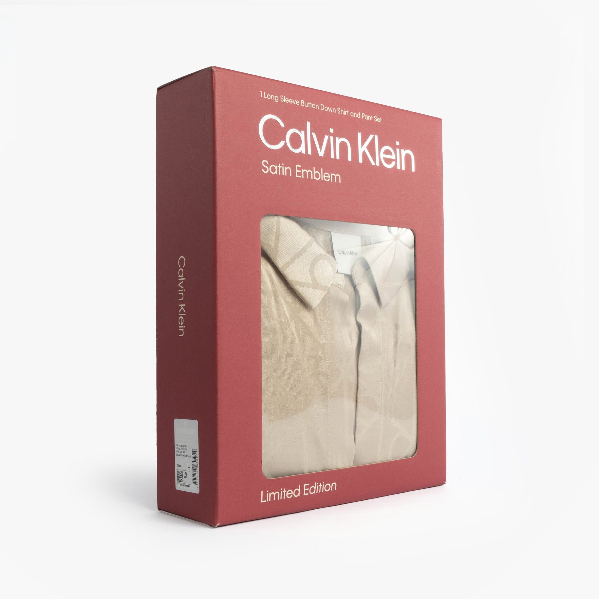 Calvin Klein SATIN AOP SET Womens Satin Shine front view with packaging display, showcasing long sleeve satin shirt set.