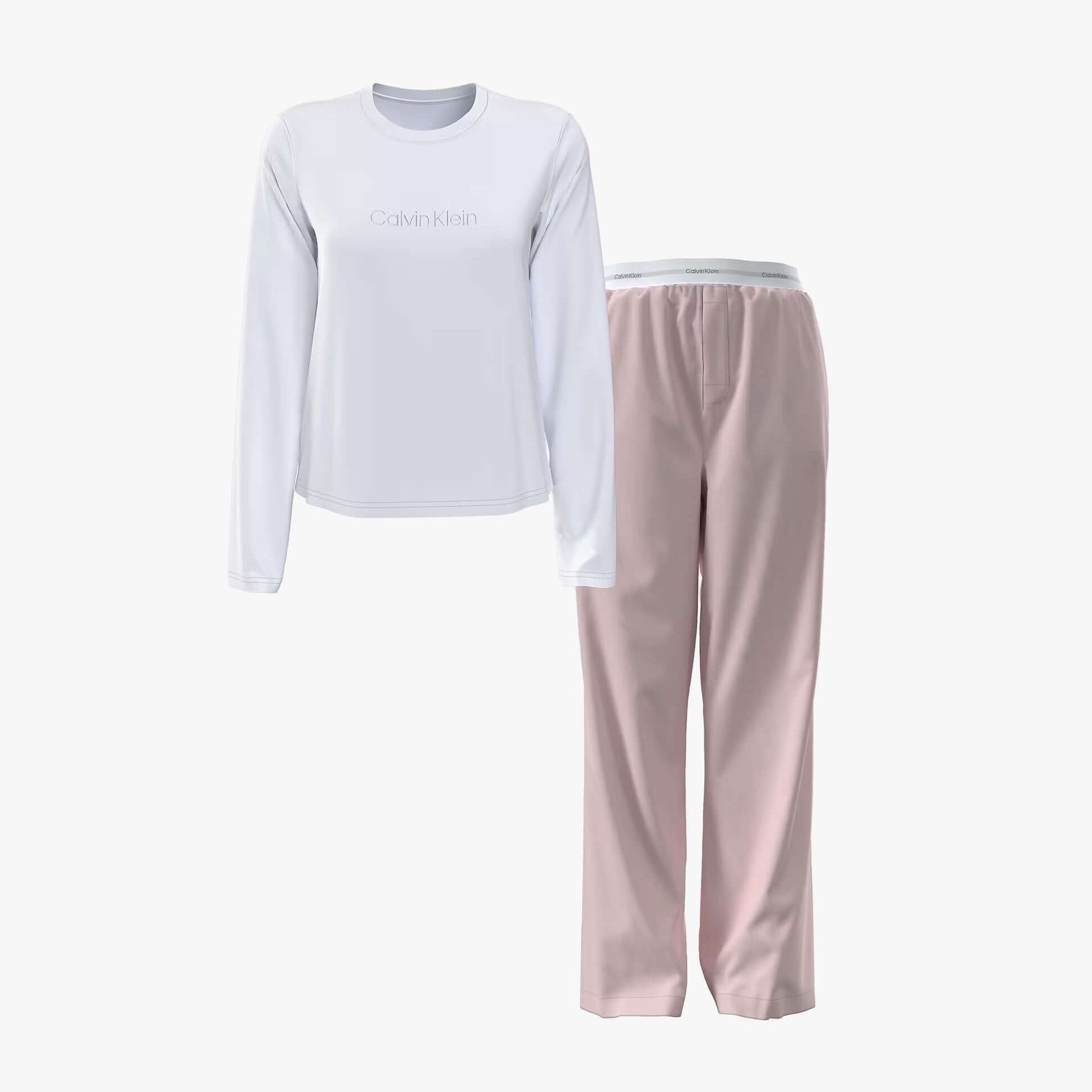 Calvin Klein LS PANT SET Womens White front view, featuring a white long sleeve top and pink pants.