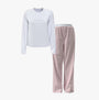 Calvin Klein LS PANT SET Womens White front view, featuring a white long sleeve top and pink pants.