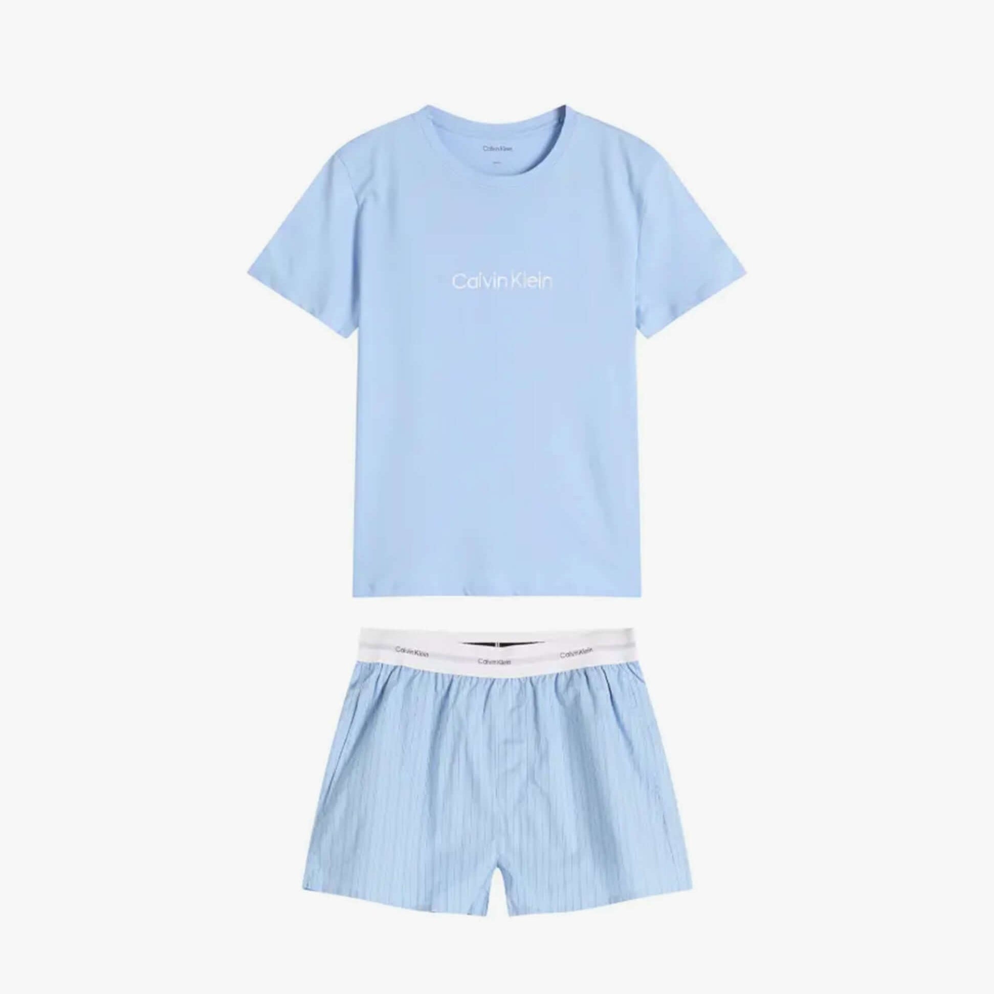 Calvin Klein Womens T-Shirt & Short Pyjama Set Blue front view showcasing the short-sleeved shirt and striped shorts.