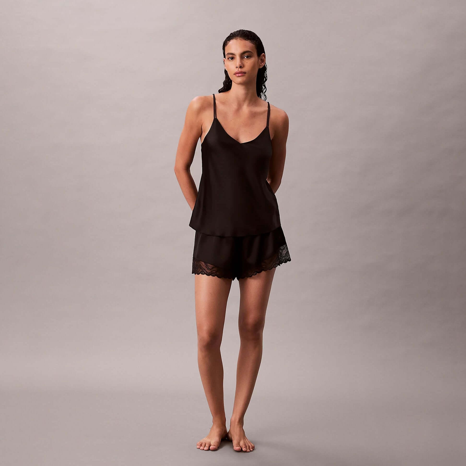 Calvin Klein CAMI SHORT SET Womens Black front view, featuring sleeveless top and lace shorts in relaxed fit.