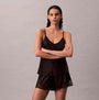 Calvin Klein CAMI SHORT SET Womens Black front view featuring a sleeveless top and relaxed fit shorts with lace detailing.