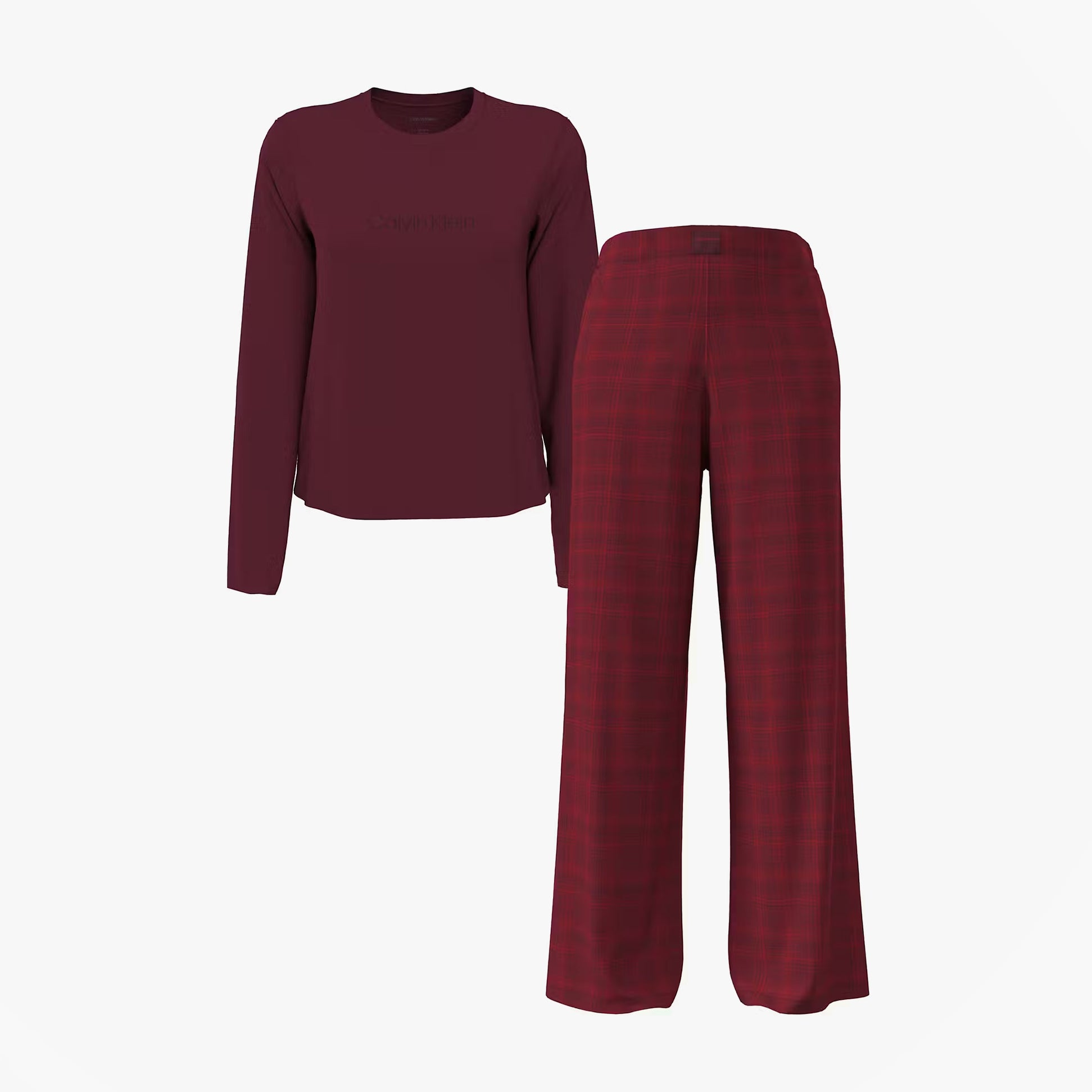 Calvin Klein LS TEE FLANNEL PANT Womens Pant Set Red front view showcasing a long sleeve tee and wide-leg pants.