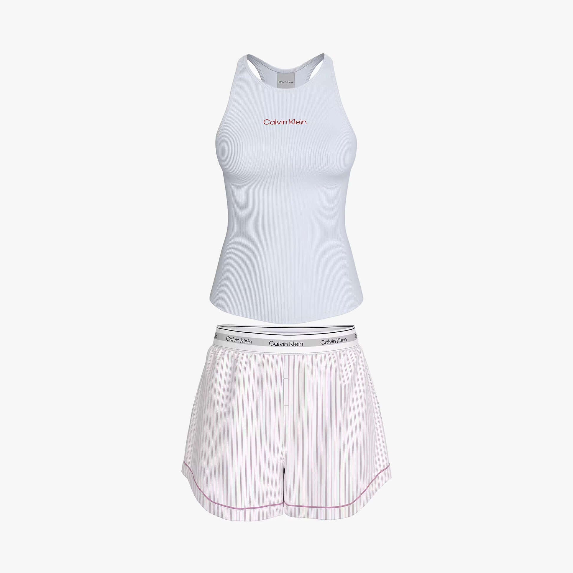 Calvin Klein V DAY TANK SHORT SET Womens White, front view showcasing sleeveless tank and striped shorts.