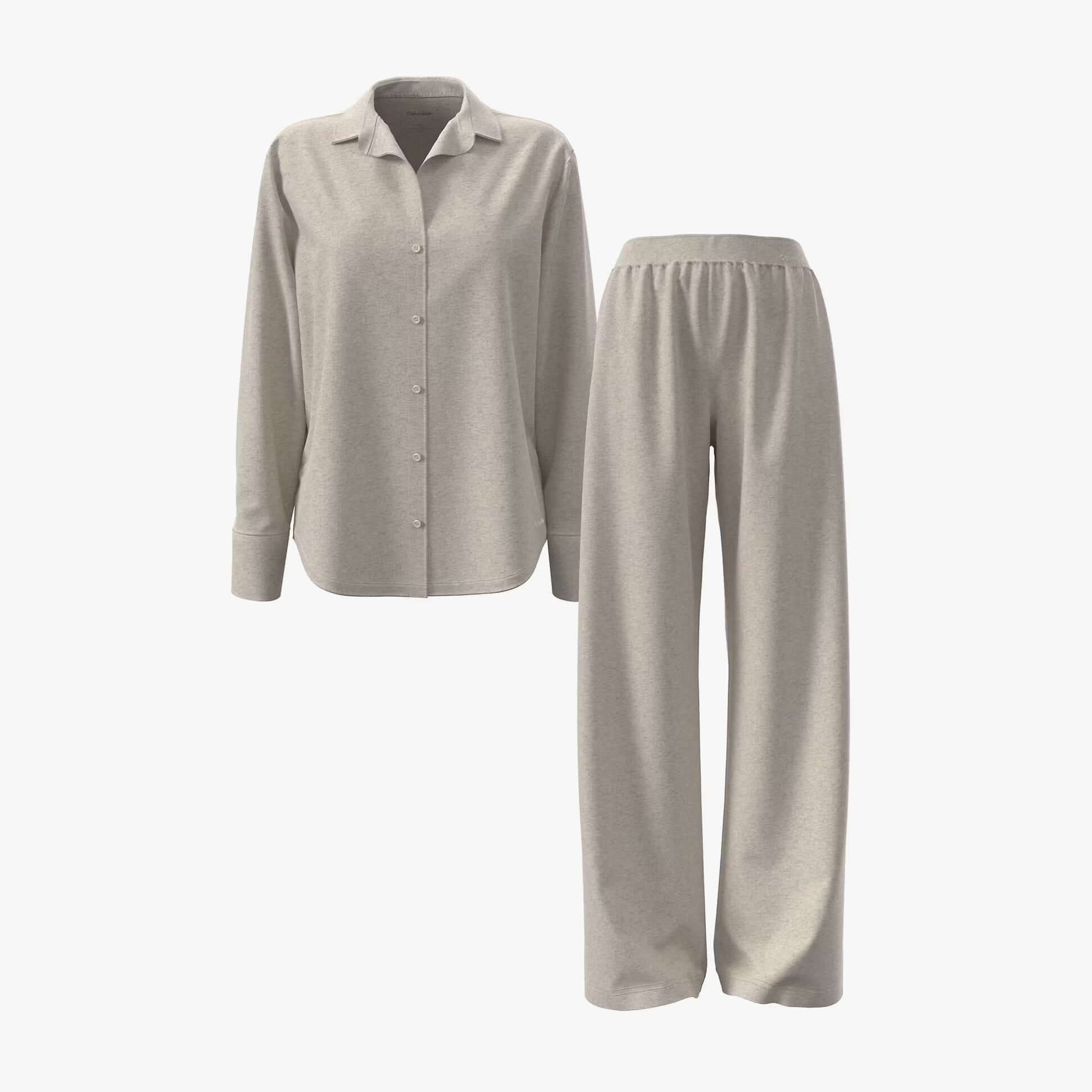 Calvin Klein BRUSHED INTERLOCK Womens Lounge Set Oatmeal Heather front view showing shirt and pants.
