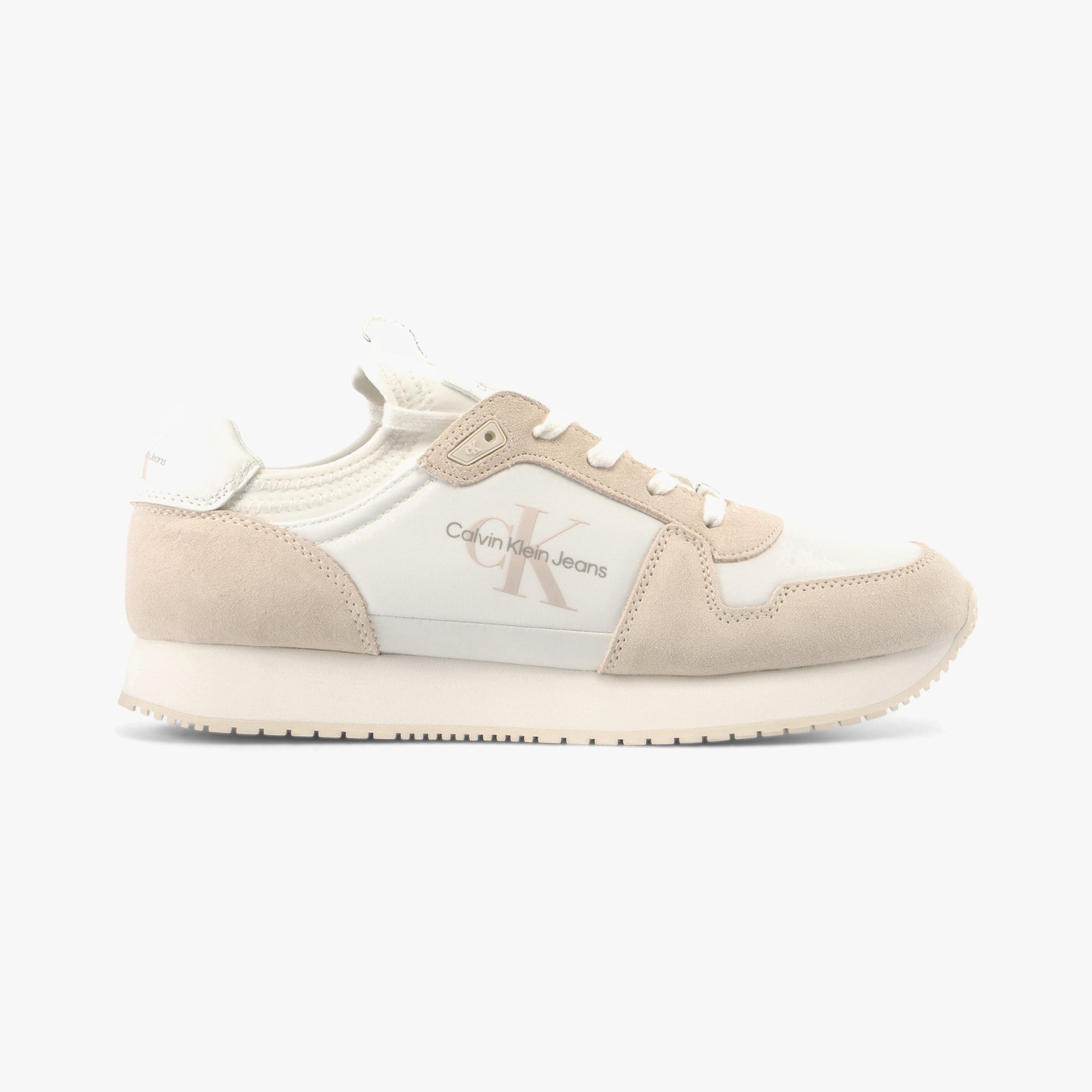Calvin Klein RUNNER SO LACEUP Mens Trainers Bright White/Eggshell side view featuring suede and polyester materials.