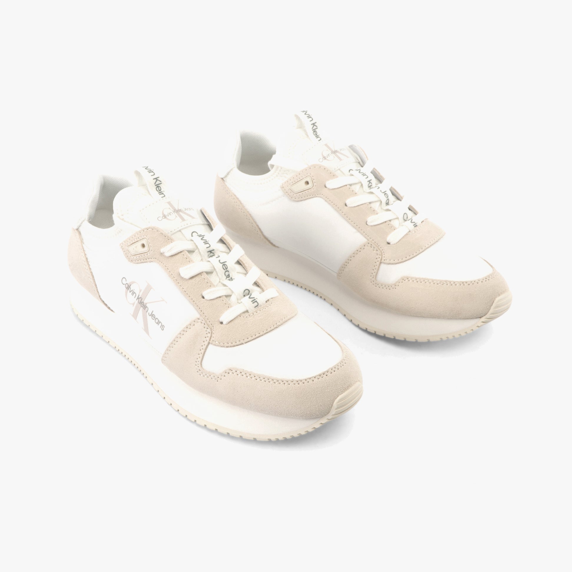 Calvin Klein RUNNER SO LACEUP Mens Trainers Bright White/Eggshell side view showcasing suede and rubber materials.