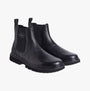 Calvin Klein EVA MID CHELSEA BOOTS Mens Triple Black side view showing leather upper and block heel.