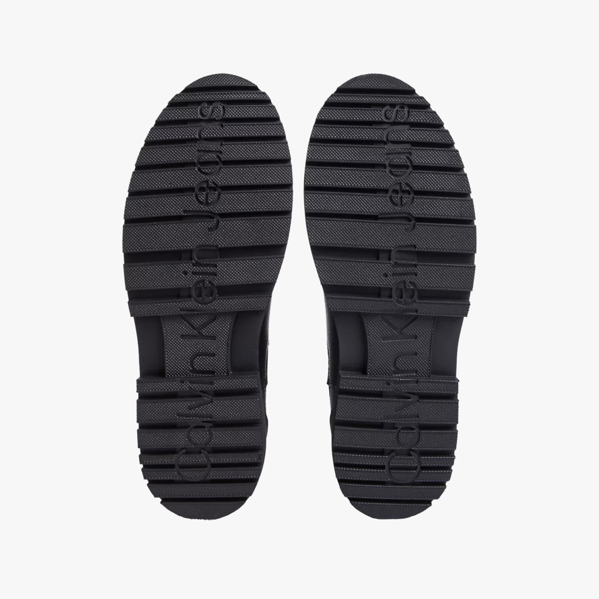 Calvin Klein EVA MID CHELSEA BOOTS Mens Triple Black bottom view showing tread and logo design on rubber sole.