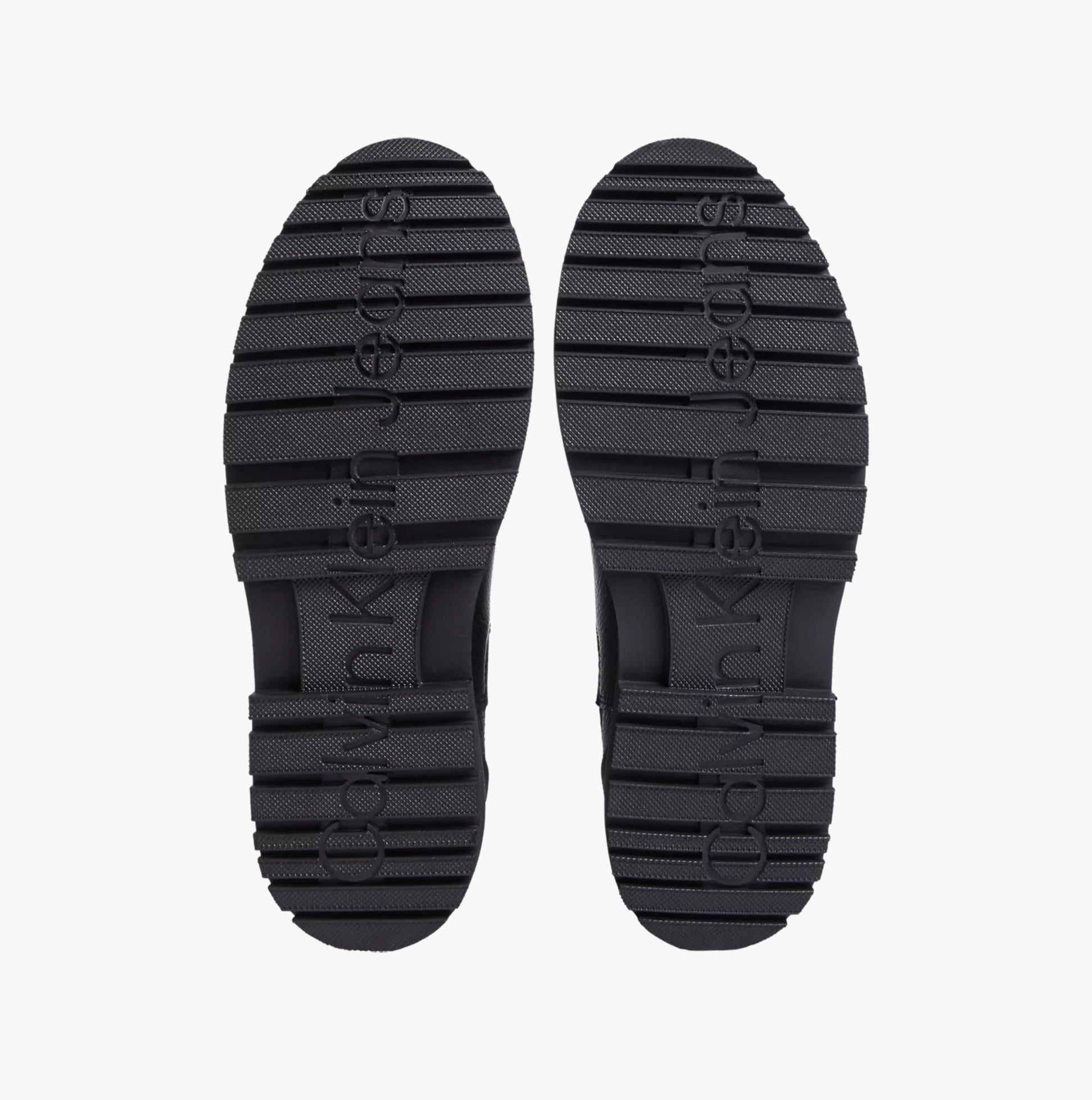 Calvin Klein EVA MID CHELSEA BOOTS Mens Triple Black bottom view showing tread and logo design on rubber sole.