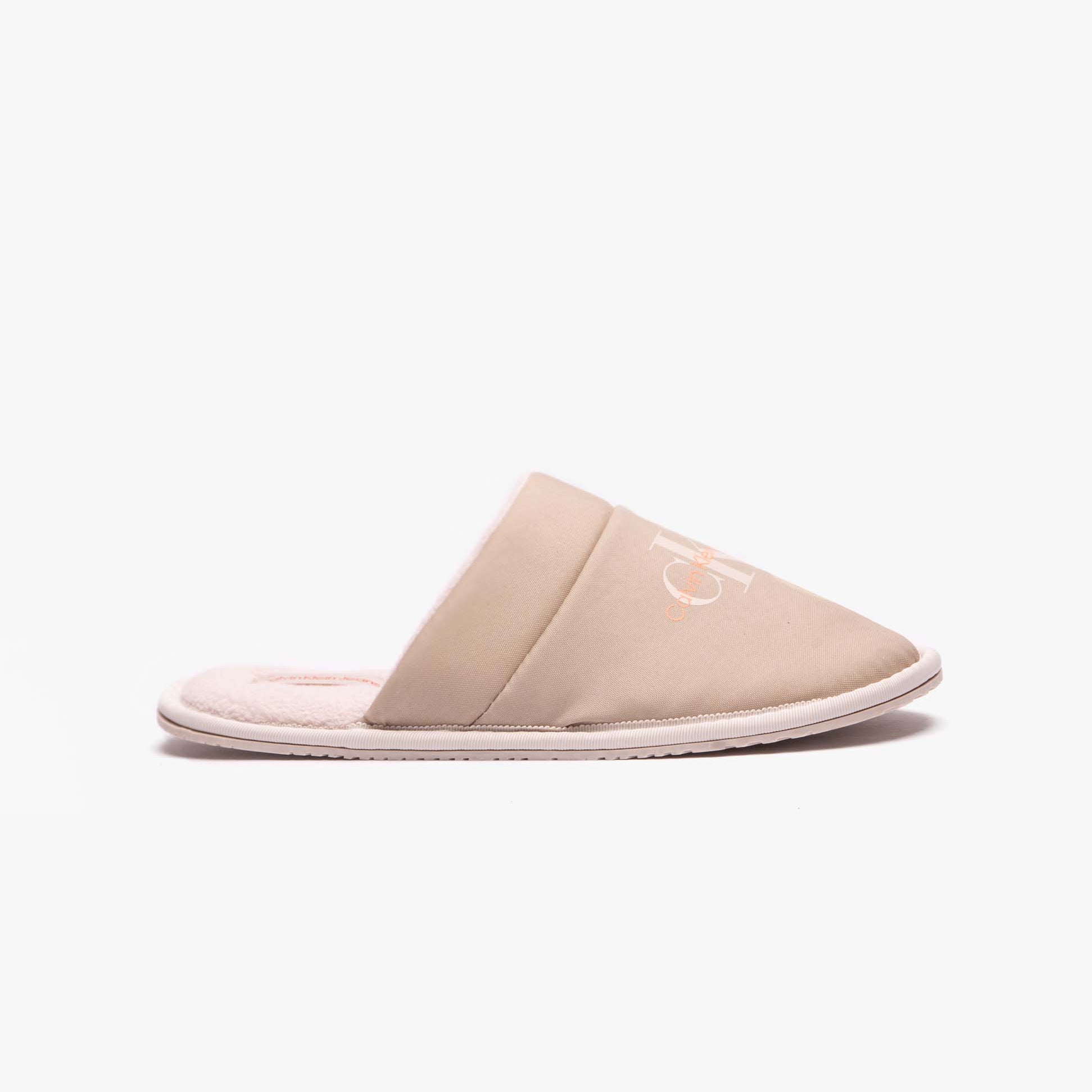 Calvin Klein HOTEL SLIPPER Mens Mules Taupe side view showing lightweight slip-on design and round toe shape.