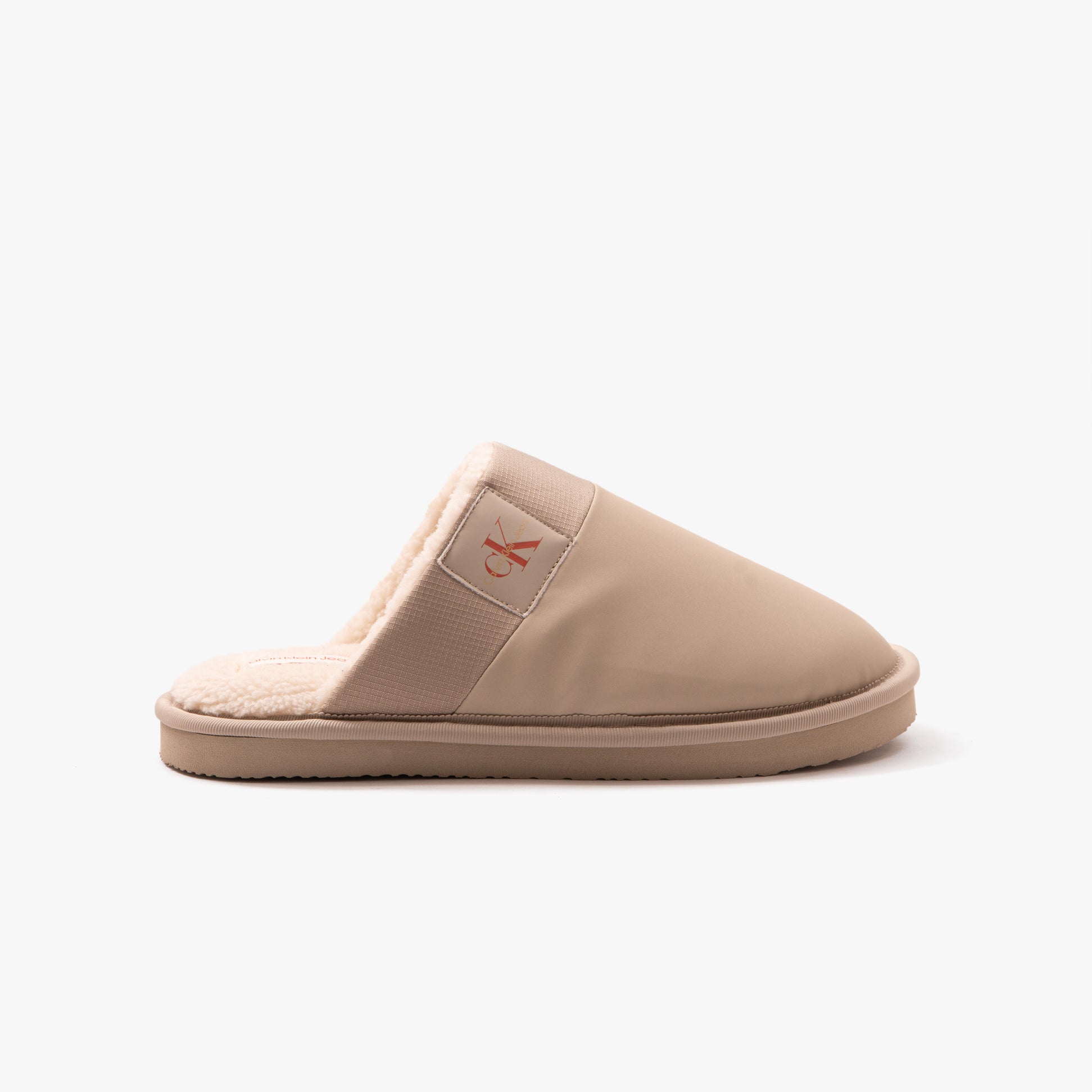 Calvin Klein HOME CLOG SURFACES Mens Slippers Taupe side view showing soft textile upper and cozy lining.