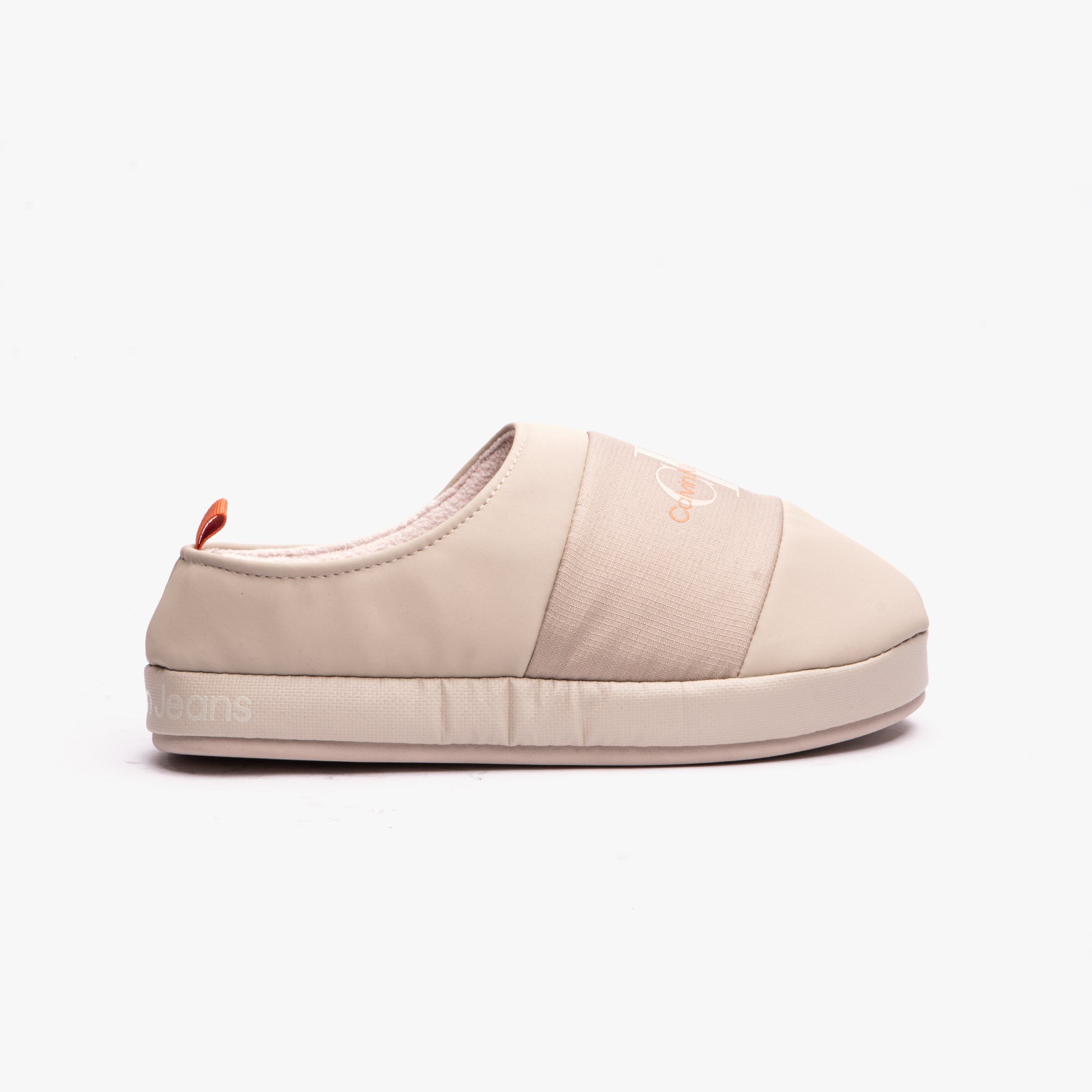 Calvin Klein HOME MONO Mens Slipper Beige side view, featuring lightweight faux fur lining and synthetic sole.