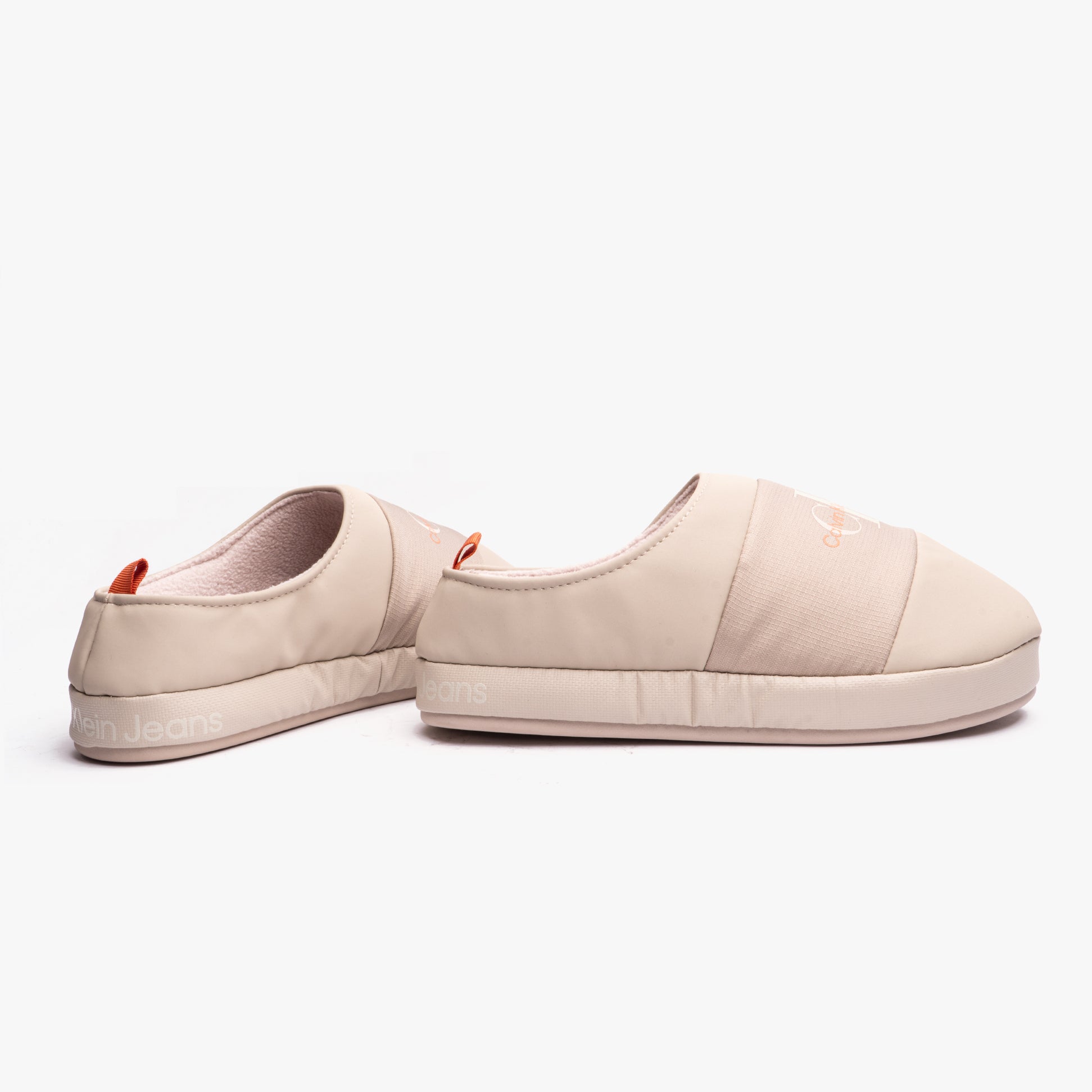 Calvin Klein HOME MONO Mens Slipper Beige side view showing the lightweight design and round toe in beige color.
