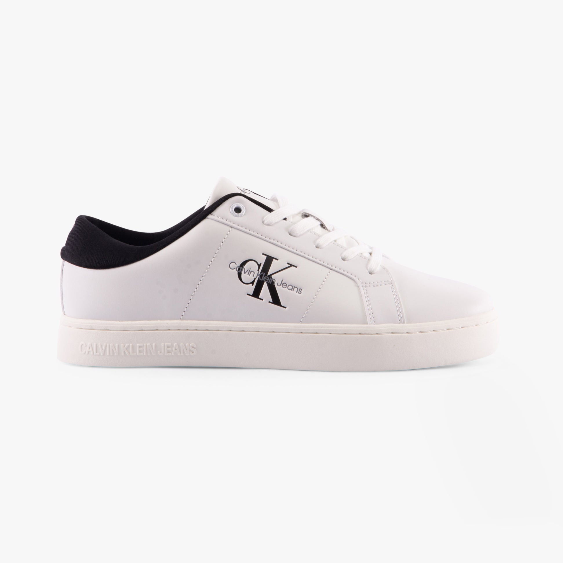 Calvin Klein CLASSIC CUPSOLE Mens Trainers Bright White/Black side view showing leather upper and rubber sole.