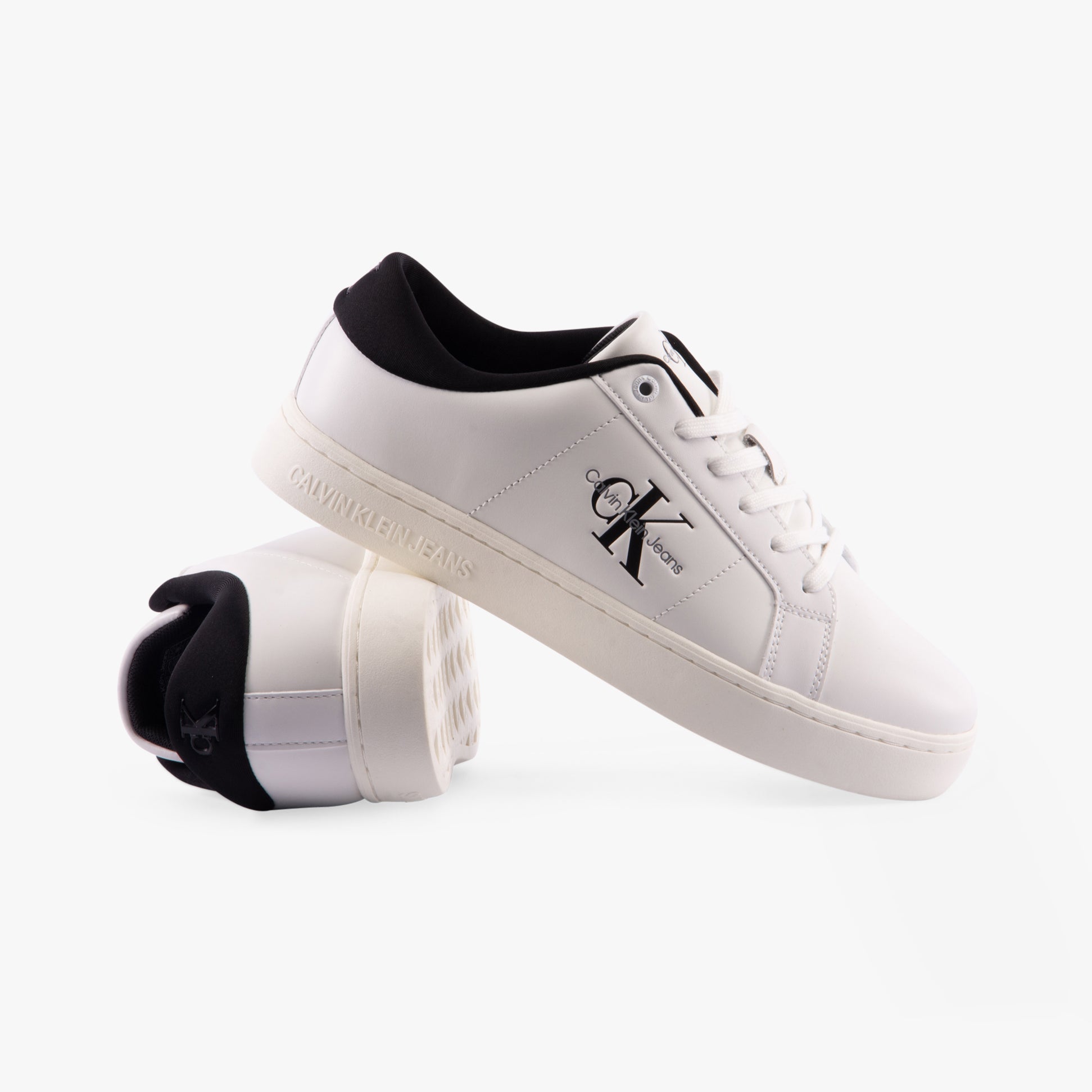 Calvin Klein CLASSIC CUPSOLE Mens Trainers Bright White/Black side view showing sleek design and lace-up closure.