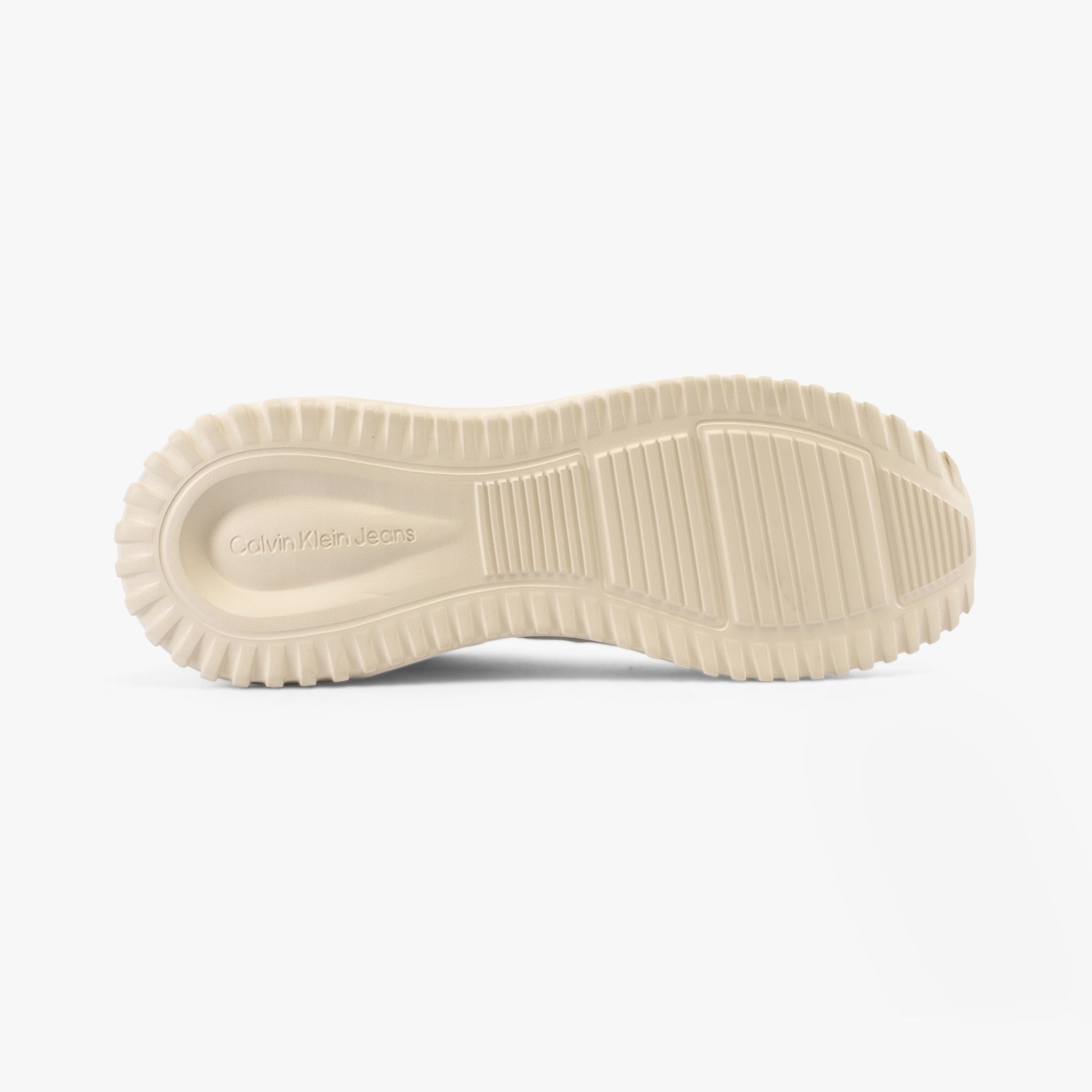 Calvin Klein EVA RUNNER LOW LACE Mens Trainers Bright White/White/ Eggshell bottom view showing sole design and branding.