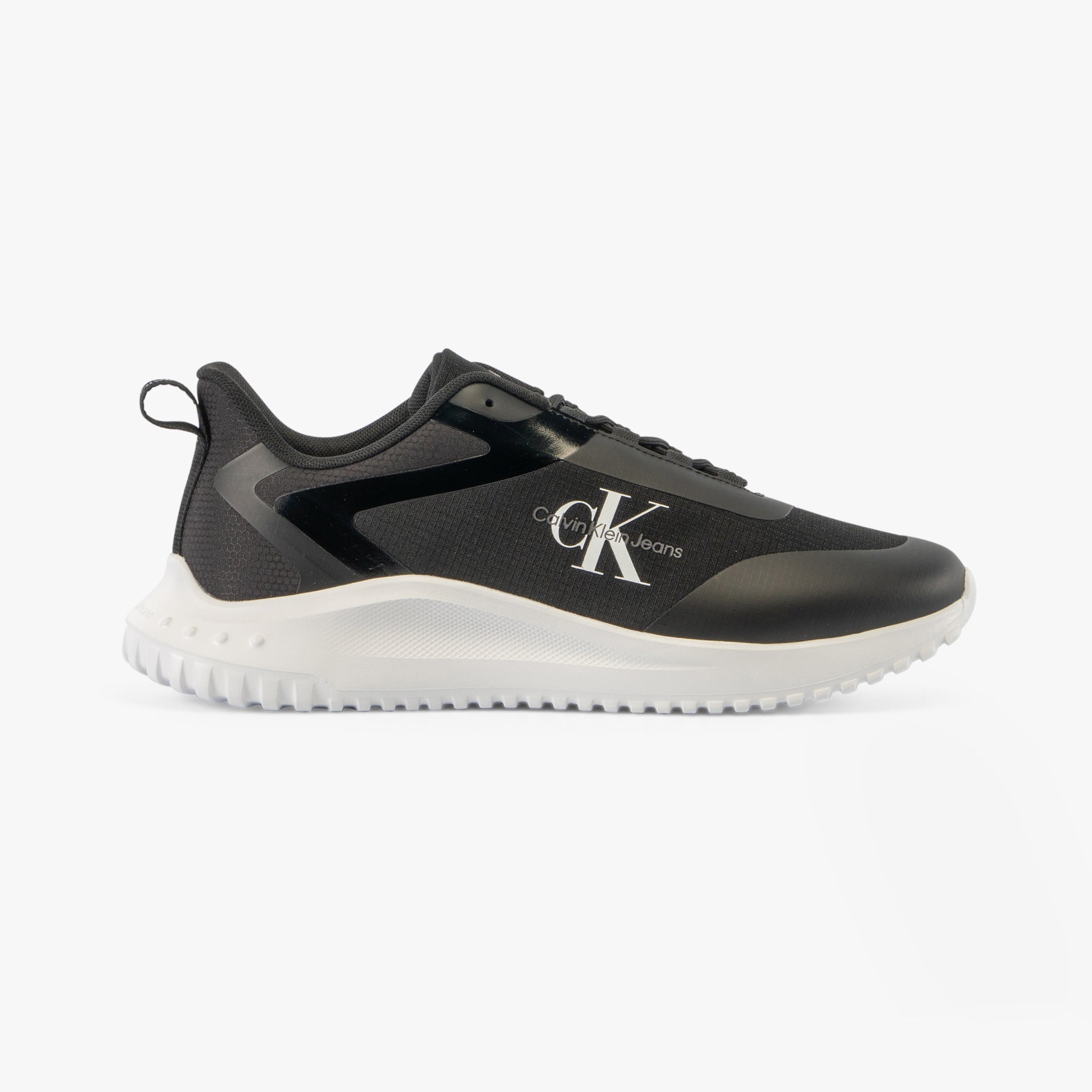 Calvin Klein EVA RUNNER LOW LACE Mens Trainers Black/Bright White side view with logo on the side and textured upper.