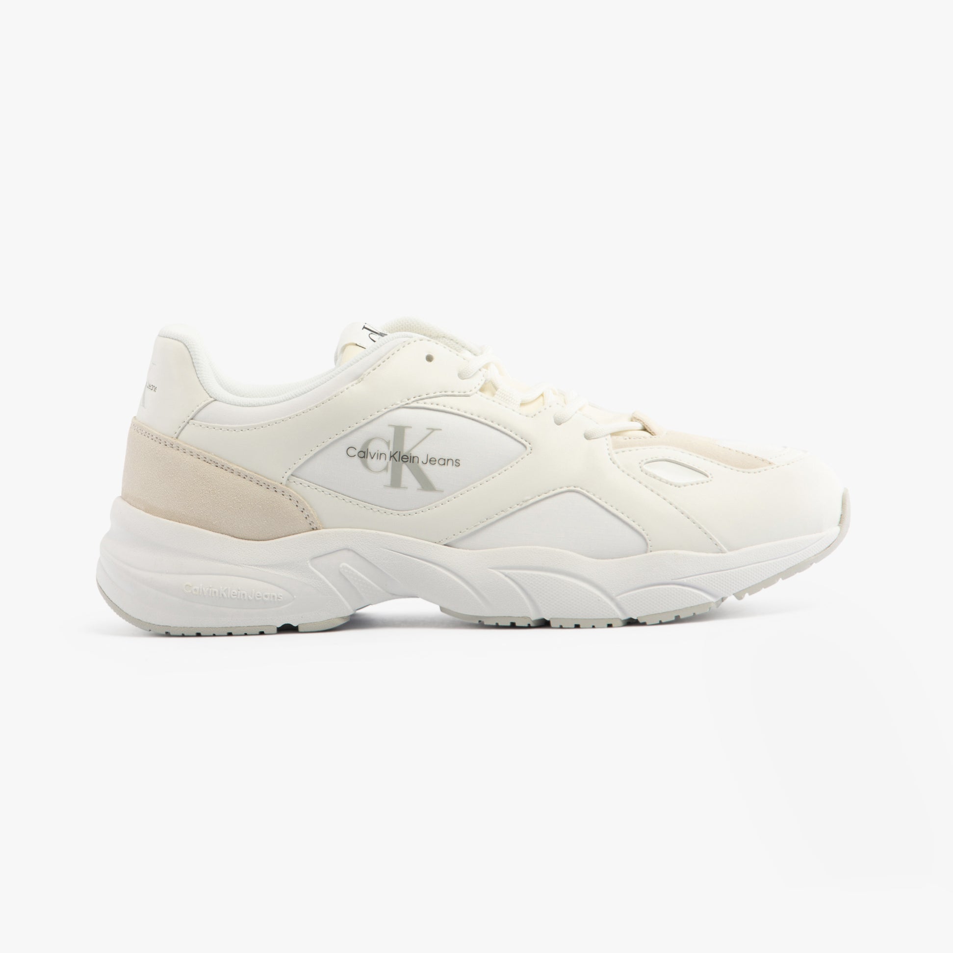 Calvin Klein RETRO TENNIS Mens Trainers White/White/Stormfront side view showcasing casual leather upper and low top design.