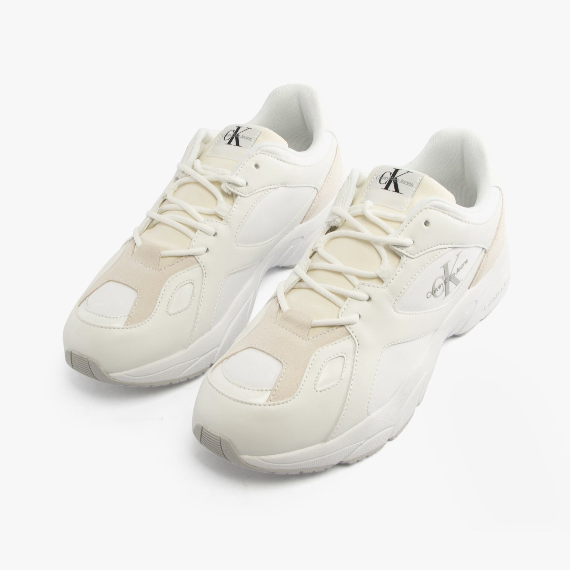 Calvin Klein RETRO TENNIS Mens Trainers White/White/Stormfront front view showing casual sneaker design and leather upper.