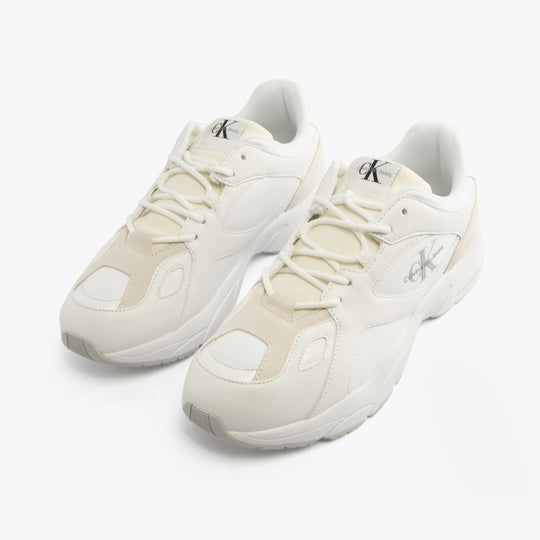 Calvin Klein RETRO TENNIS Mens Trainers White/White/Stormfront front view showing casual sneaker design and leather upper.