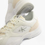 Calvin Klein RETRO TENNIS Mens Trainers White/White/Stormfront detail view showcasing shoes with leather and rubber, elegant design.