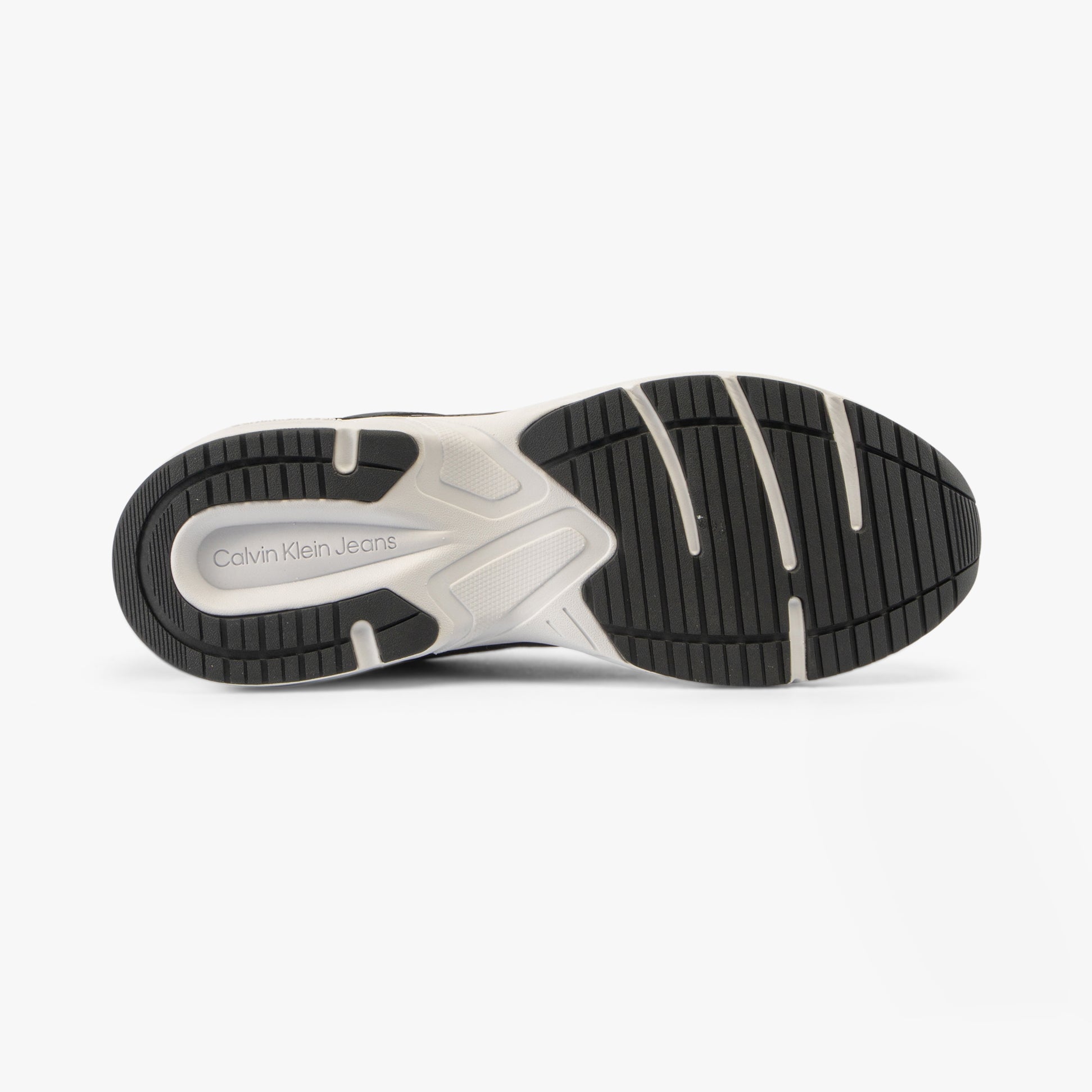 Calvin Klein RETRO TENNIS Mens Trainers Black/Black/Eggshell bottom view showcasing the rubber sole details.