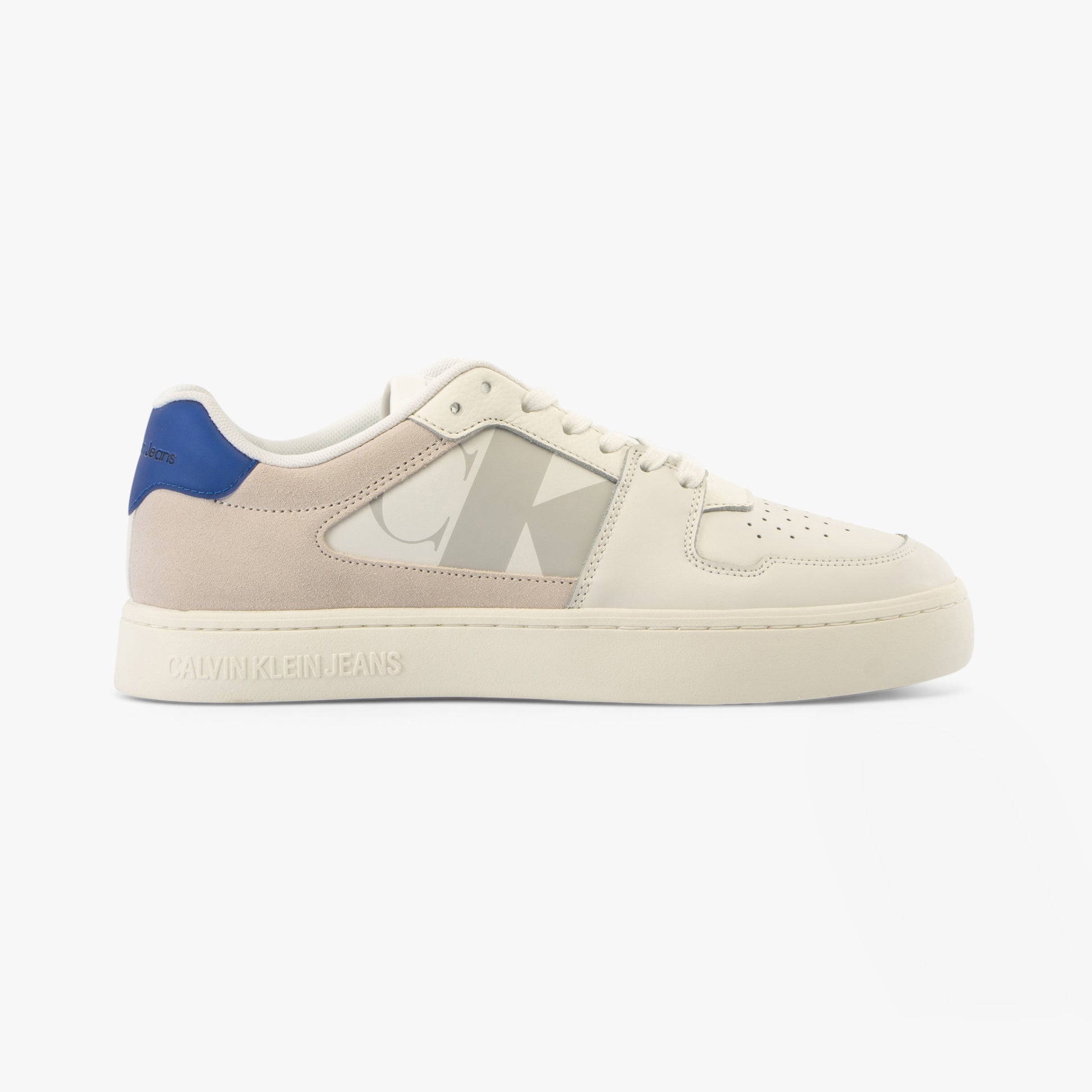Calvin Klein CLASSIC CUPSOLE Mens Trainers White/ Mushroom/Sapphire Blue side view of the stylish trainers.
