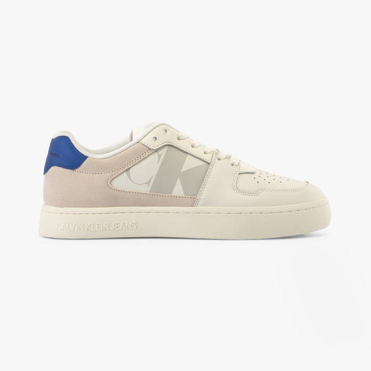 Calvin Klein CLASSIC CUPSOLE Mens Trainers White/ Mushroom/Sapphire Blue side view of the stylish trainers.