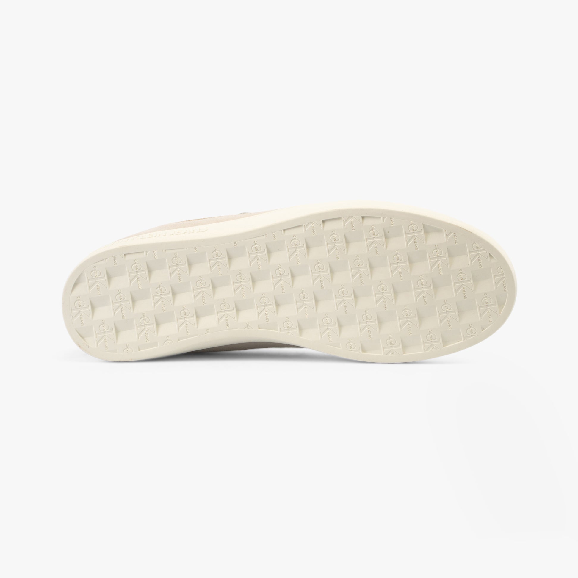 Calvin Klein CLASSIC CUPSOLE Mens Trainers White/ Mushroom/Sapphire Blue bottom view showcasing the rubber sole design.