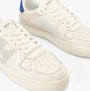 Calvin Klein CLASSIC CUPSOLE Mens Trainers White/ Mushroom/Sapphire Blue side view showcasing leather upper and lace-up design.