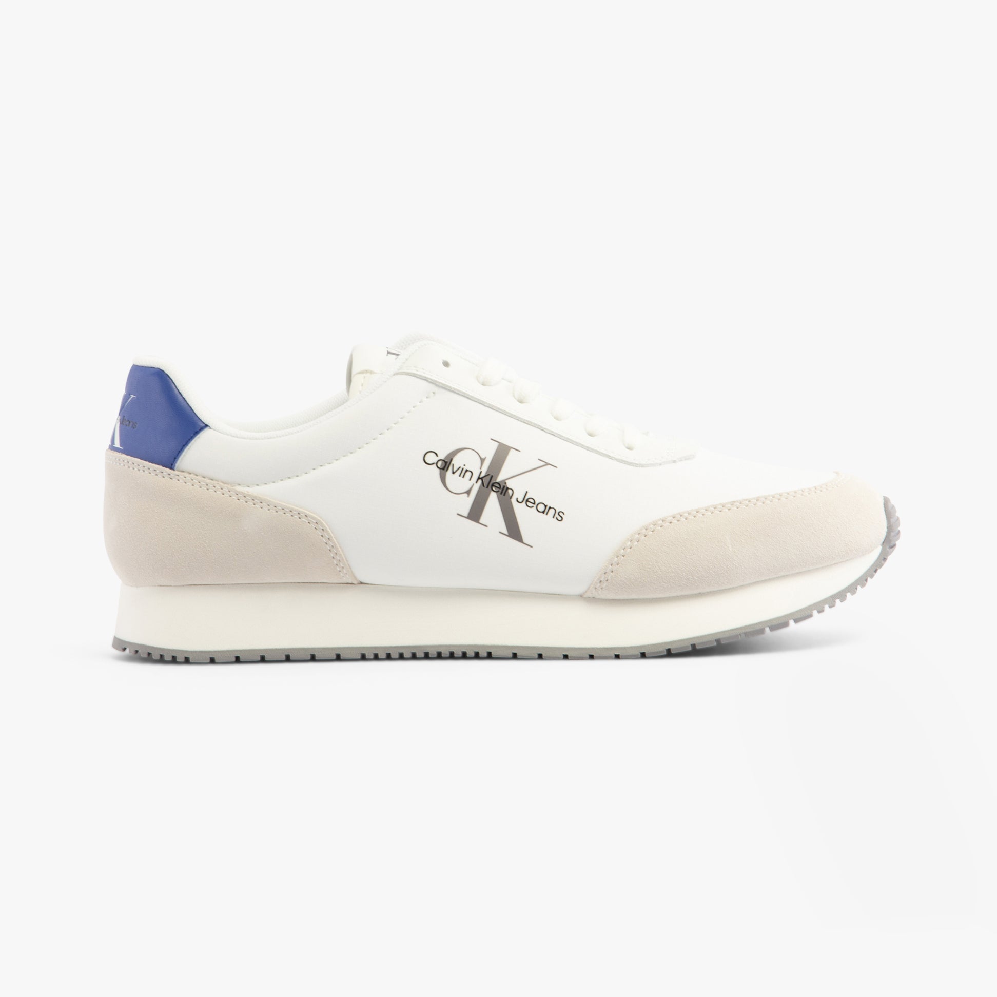 Calvin Klein RETRO RUNNER LOW MIX Mens Trainers Bright White/Sapphire Blue side view showing leather and suede design.