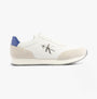 Calvin Klein RETRO RUNNER LOW MIX Mens Trainers Bright White/Sapphire Blue side view showing leather and suede design.