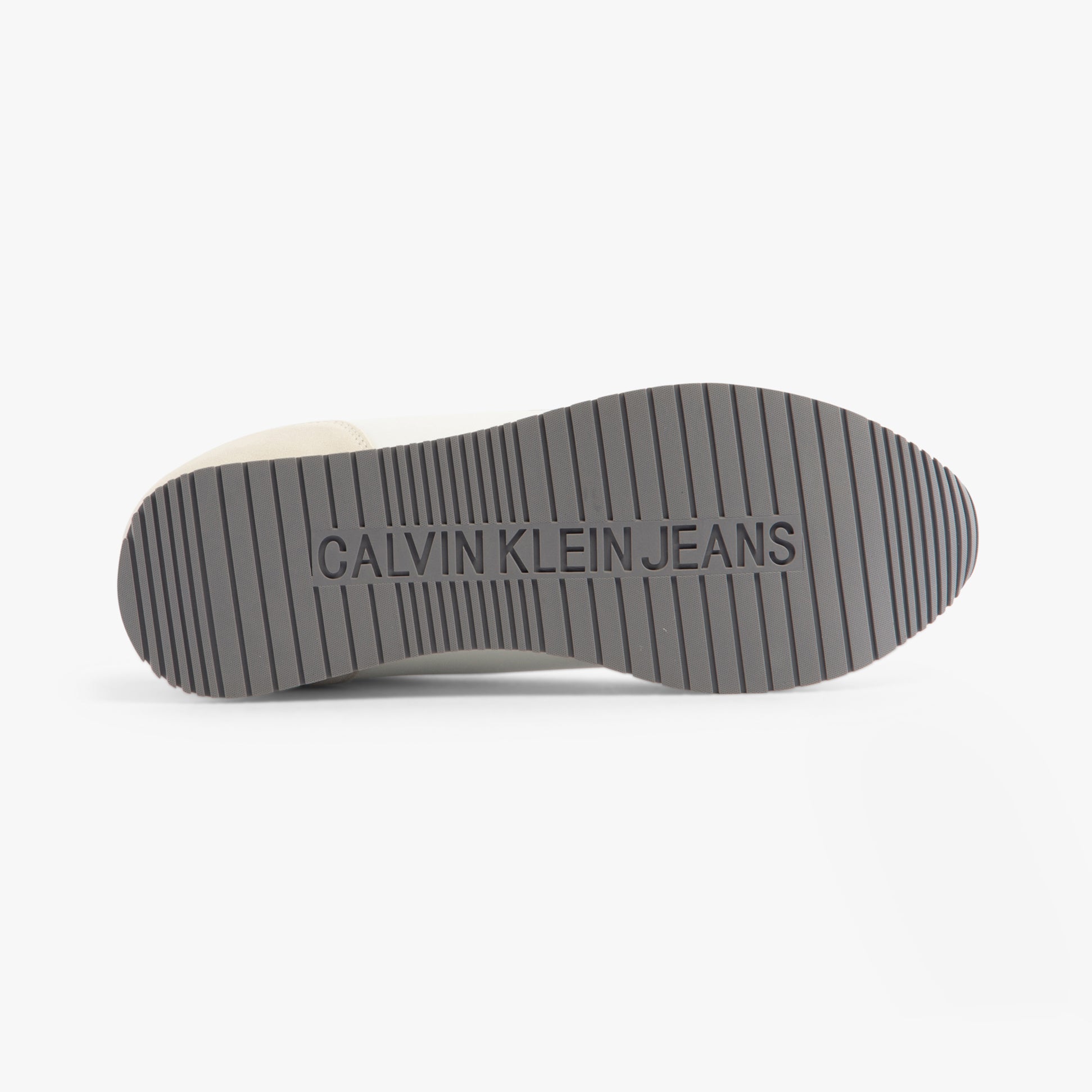 Calvin Klein RETRO RUNNER LOW MIX Mens Trainers Bright White/Sapphire Blue bottom view showing tread and logo details.