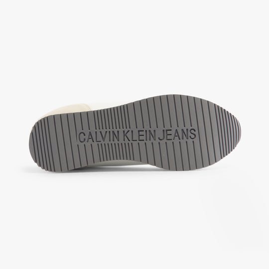 Calvin Klein RETRO RUNNER LOW MIX Mens Trainers Bright White/Sapphire Blue bottom view showing tread and logo details.