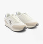 Calvin Klein RETRO RUNNER LOW MIX Mens Trainers Bright White/Sapphire Blue front view showcasing casual leather and suede design.