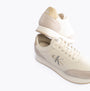 Calvin Klein RETRO RUNNER LOW MIX Mens Trainers Creamy White/Eggshell/Khaki side view showcasing leather and suede details.