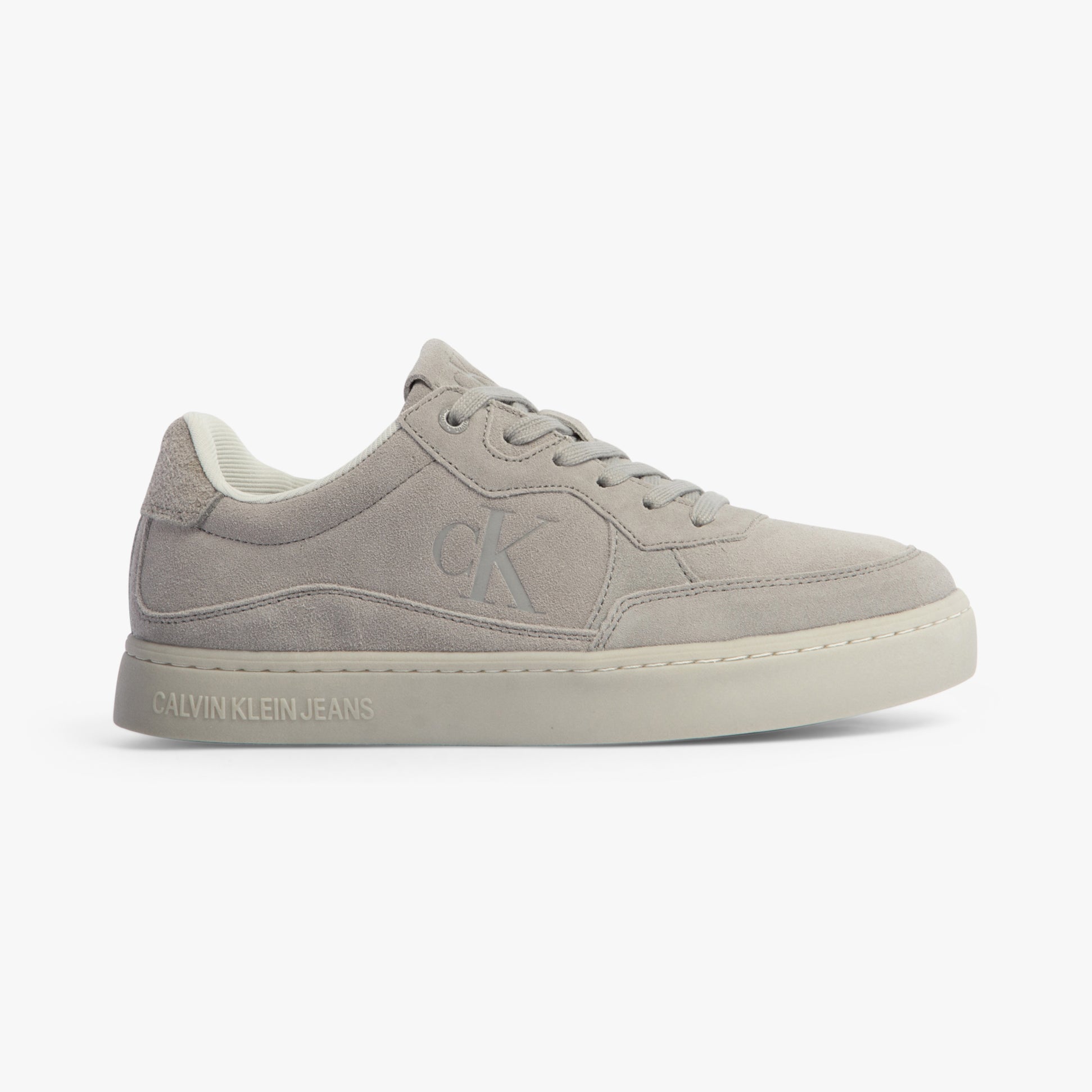 Calvin Klein CLASSIC CUPSOLE ICON Mens Trainers Formal Grey/Oyster Mushroom side view with suede upper and rubber sole.