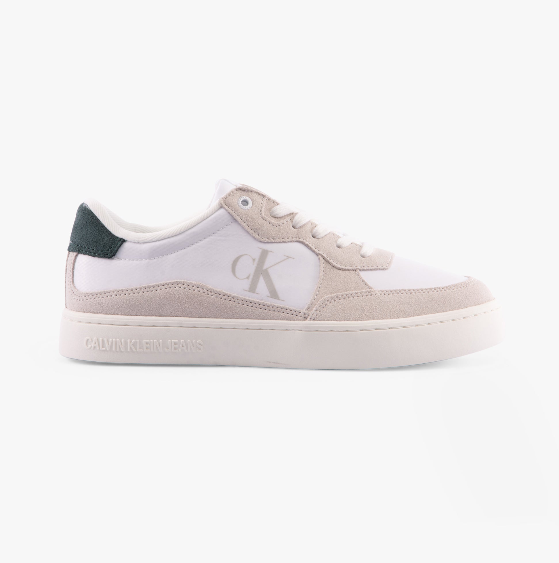 Calvin Klein CLASSIC CUPSOLE ICON Mens Trainers Bright White/Green Palm side view with suede and textile upper materials.