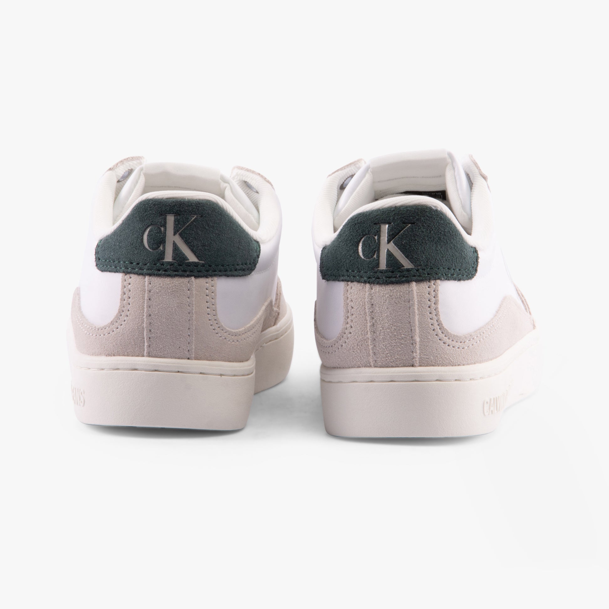 Calvin Klein CLASSIC CUPSOLE ICON Mens Trainers Bright White/Green Palm rear view showcasing suede and textile materials.
