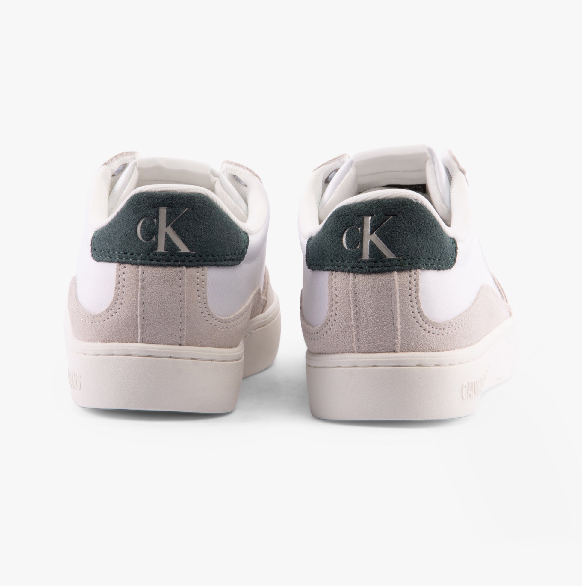 Calvin Klein CLASSIC CUPSOLE ICON Mens Trainers Bright White/Green Palm rear view showcasing suede and textile materials.