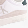 Calvin Klein CLASSIC CUPSOLE ICON Mens Trainers Bright White/Green Palm side view showcasing suede and rubber details.