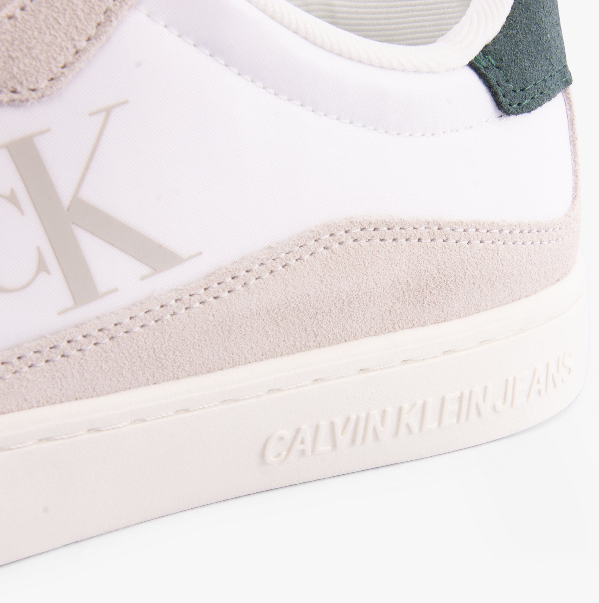 Calvin Klein CLASSIC CUPSOLE ICON Mens Trainers Bright White/Green Palm side view showcasing suede and rubber details.