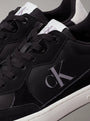 Calvin Klein CLASSIC CUPSOLE ICON Mens Trainers Black/Bright White detail view showcasing logo and lace-up design.
