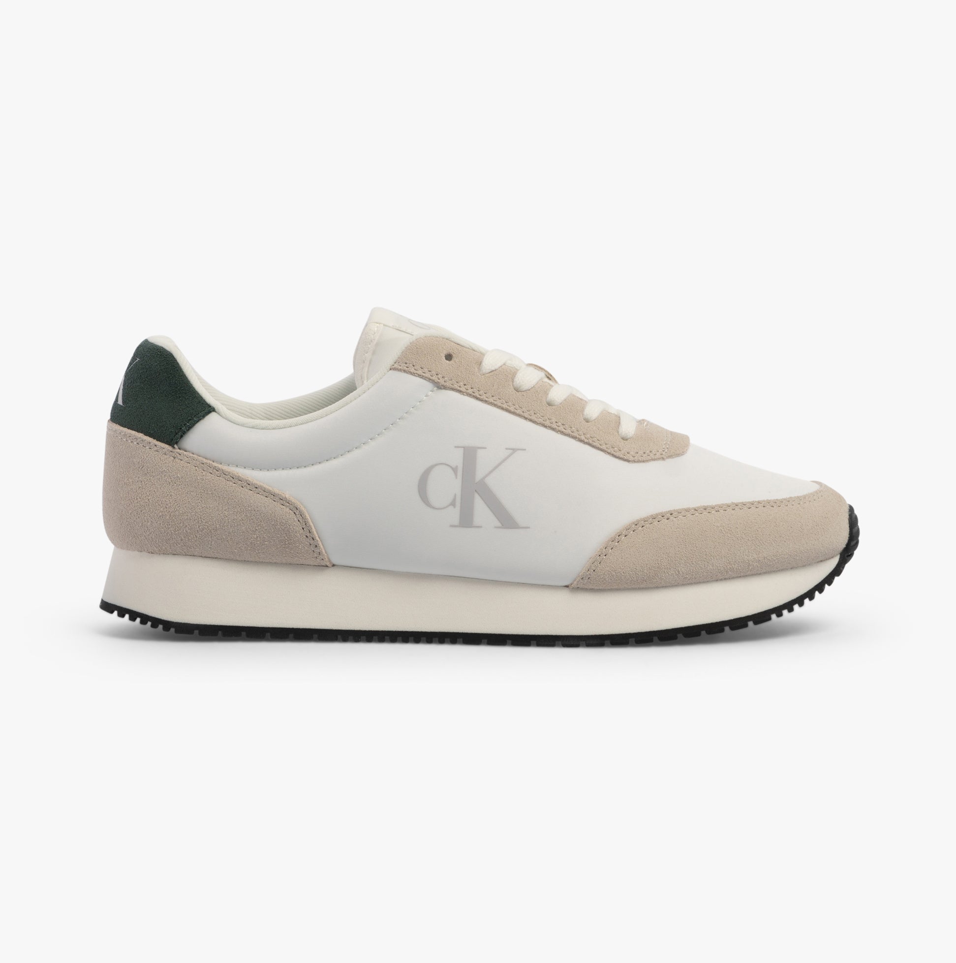 Calvin Klein RETRO RUNNER ICONIC Mens Trainers B White/ Ck Black/ Green Palm side view showcasing suede and mesh materials.