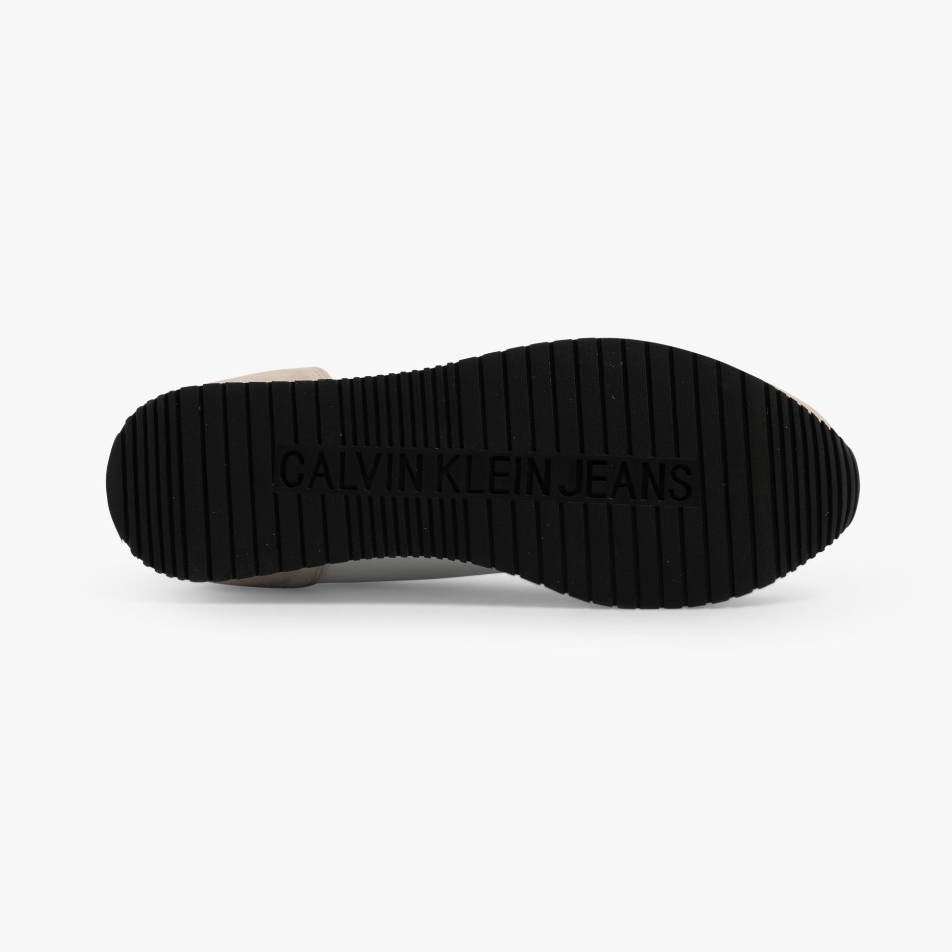 Calvin Klein RETRO RUNNER ICONIC Mens Trainers B White/ Ck Black/ Green Palm bottom view showcasing rubber sole detail.