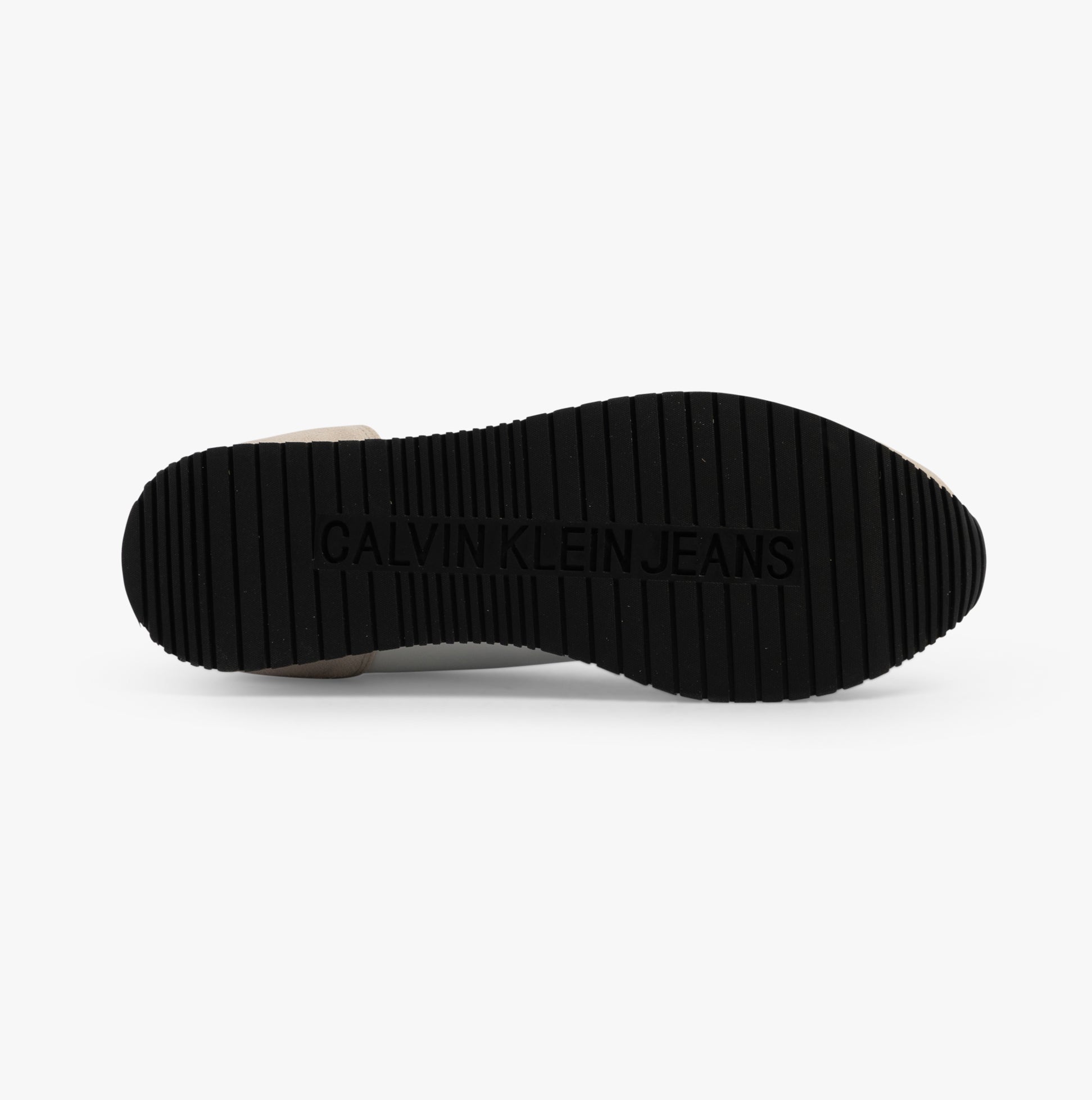 Calvin Klein RETRO RUNNER ICONIC Mens Trainers B White/ Ck Black/ Green Palm bottom view showcasing rubber sole detail.