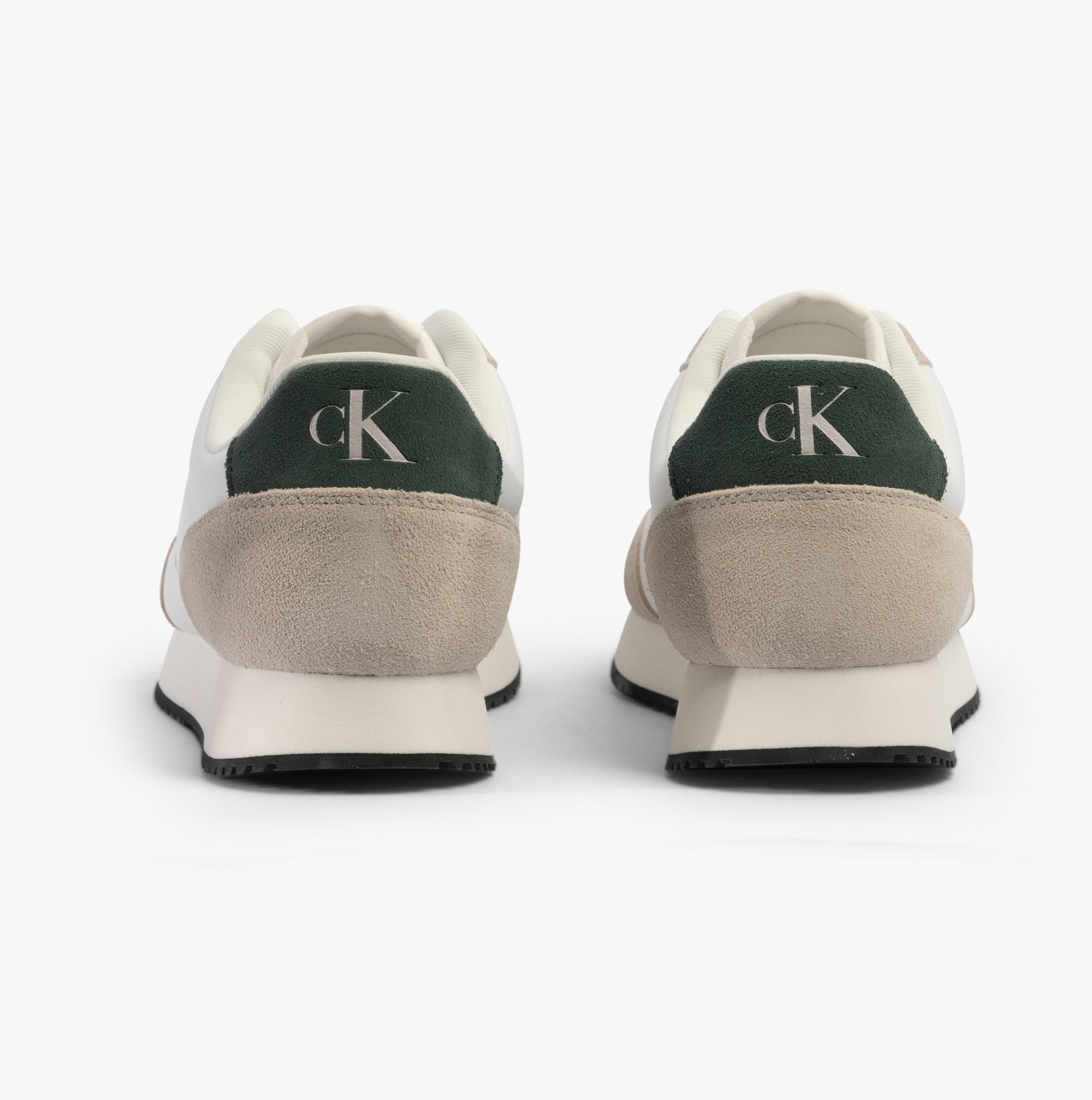 Calvin Klein RETRO RUNNER ICONIC Mens Trainers B White/ Ck Black/ Green Palm rear view showing green and beige accents on trainers.