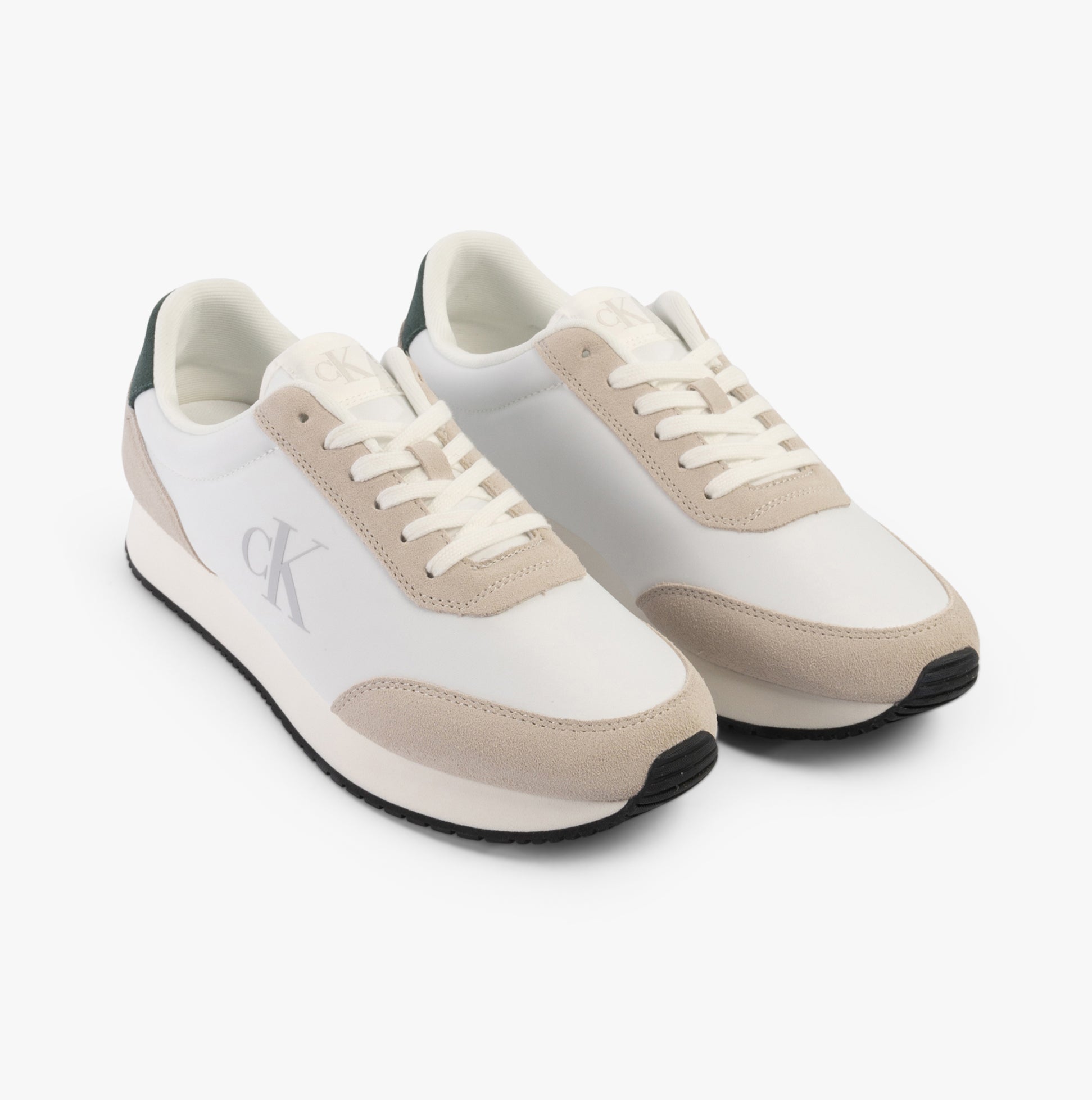Calvin Klein RETRO RUNNER ICONIC Mens Trainers B White/ Ck Black/ Green Palm front view with a suede and mesh upper.