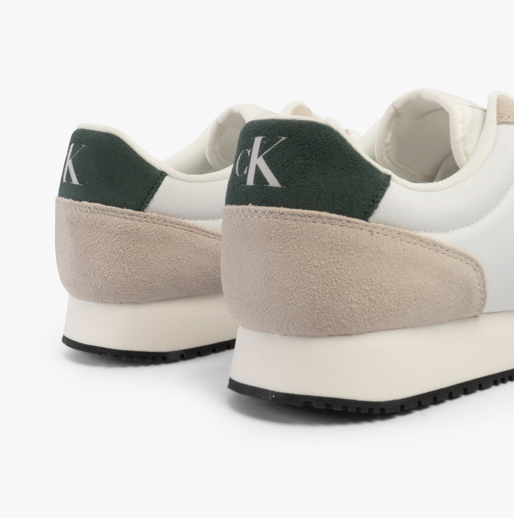Calvin Klein RETRO RUNNER ICONIC Mens Trainers B White/ Ck Black/ Green Palm rear view showcasing suede and mesh details.